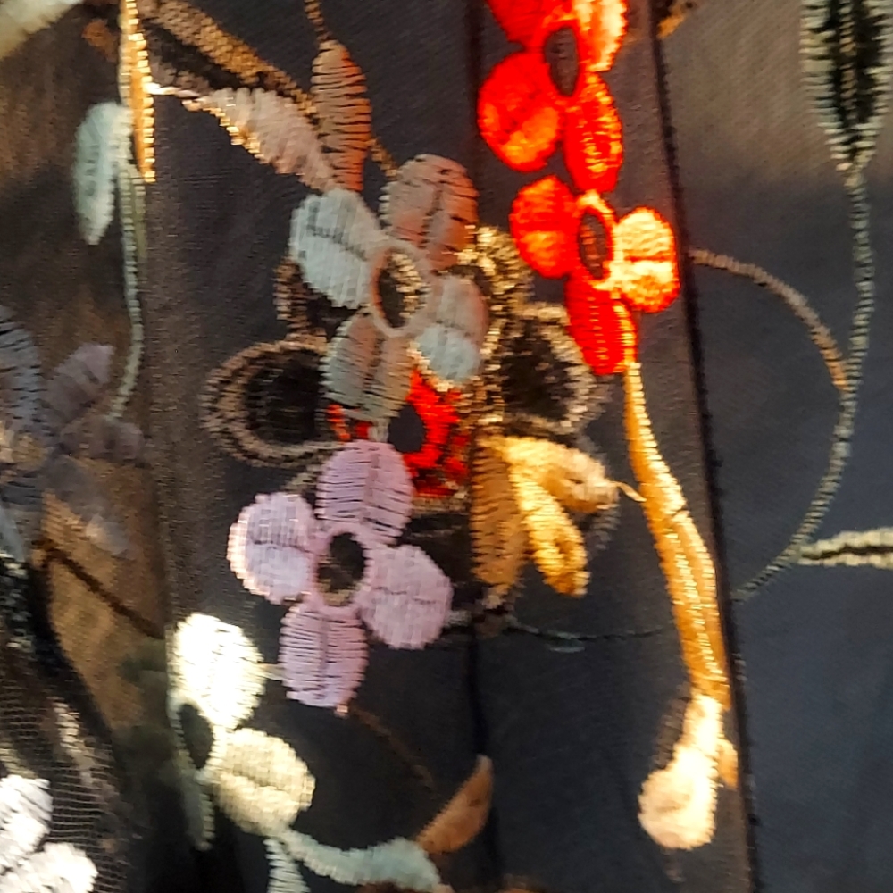 Beautiful sheer and embroidered top wear over jeans with a tank or over a dress.